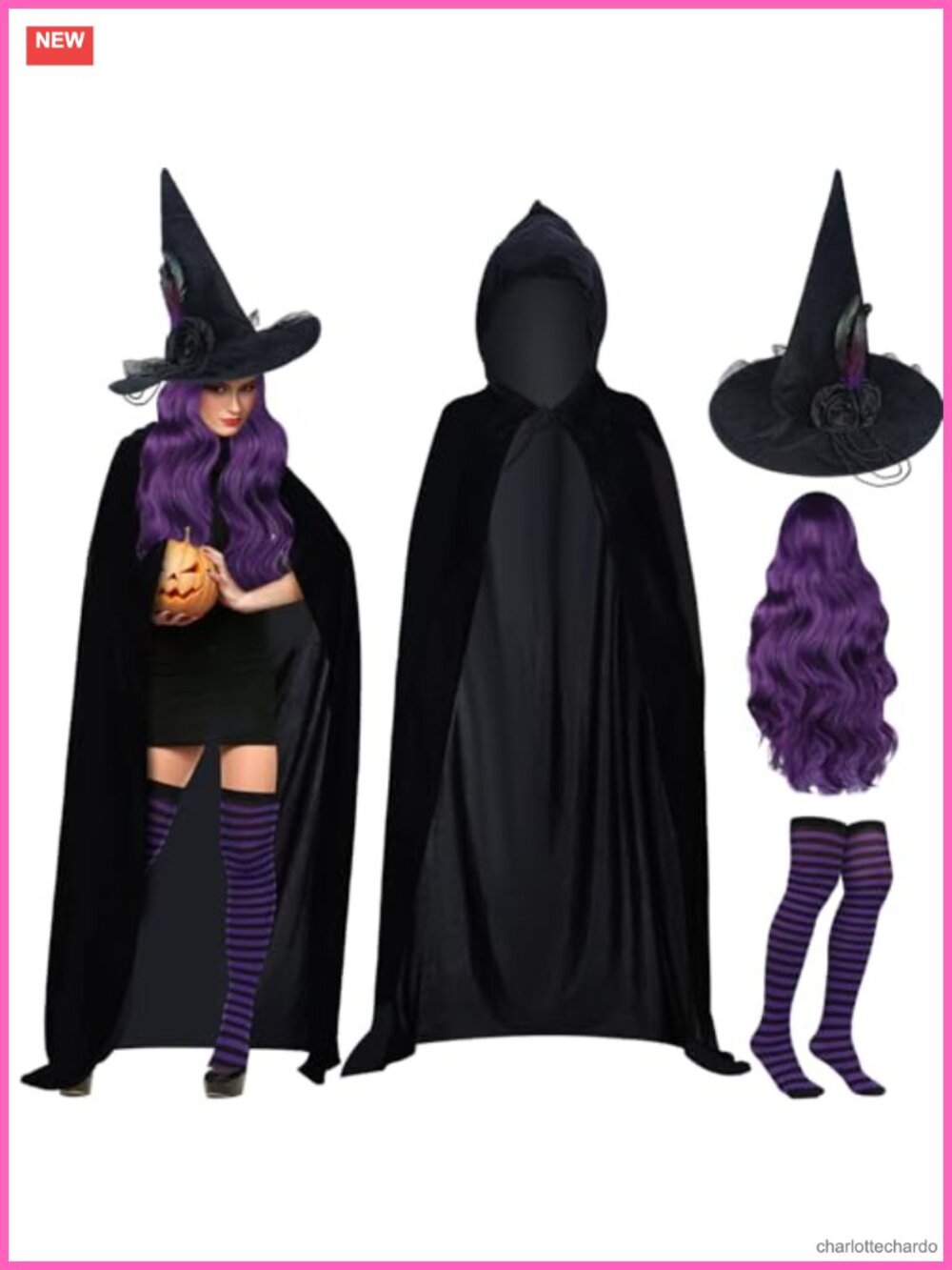 Witch Costume Set 4 Pc Hooded Velvet Cape Hat Wig Striped Stockings Cosplay